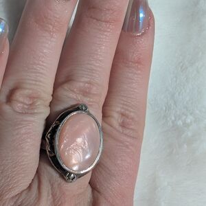 Large Pink Chalcedony Cabochon Sterling Silver Ring Size 7 Boho Statement